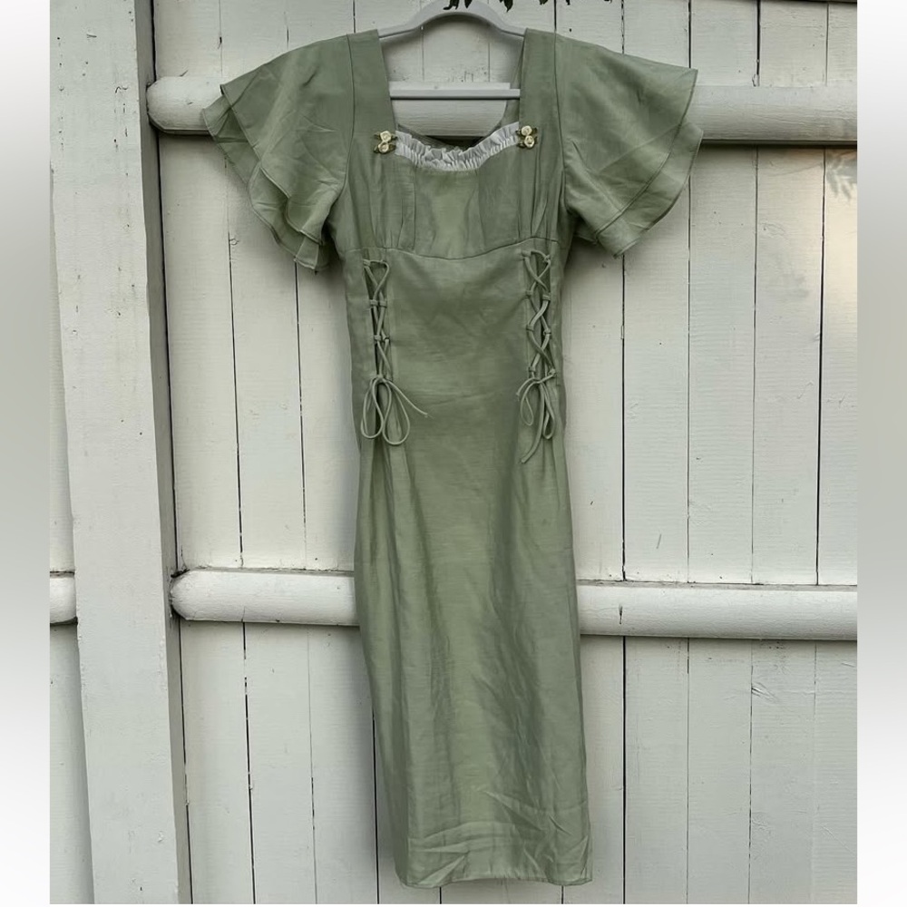 Green Ruffled Midi Dress with Flutter Sleeves and Ties